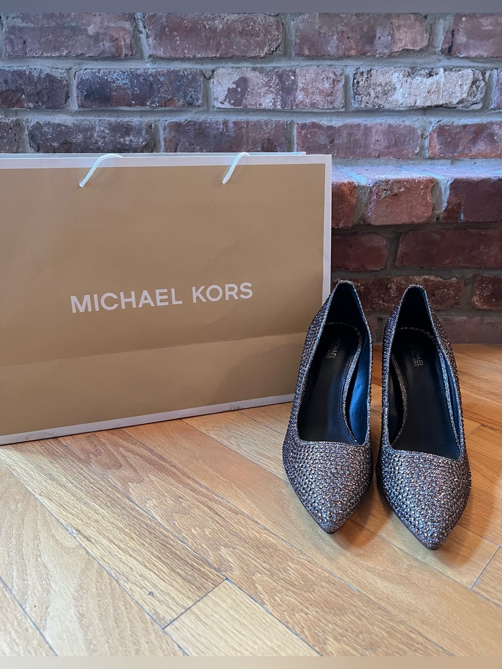 MICHAEL Michael Kors Bronze Rhinestone Embellished Dorothy Glitter Flex Pumps